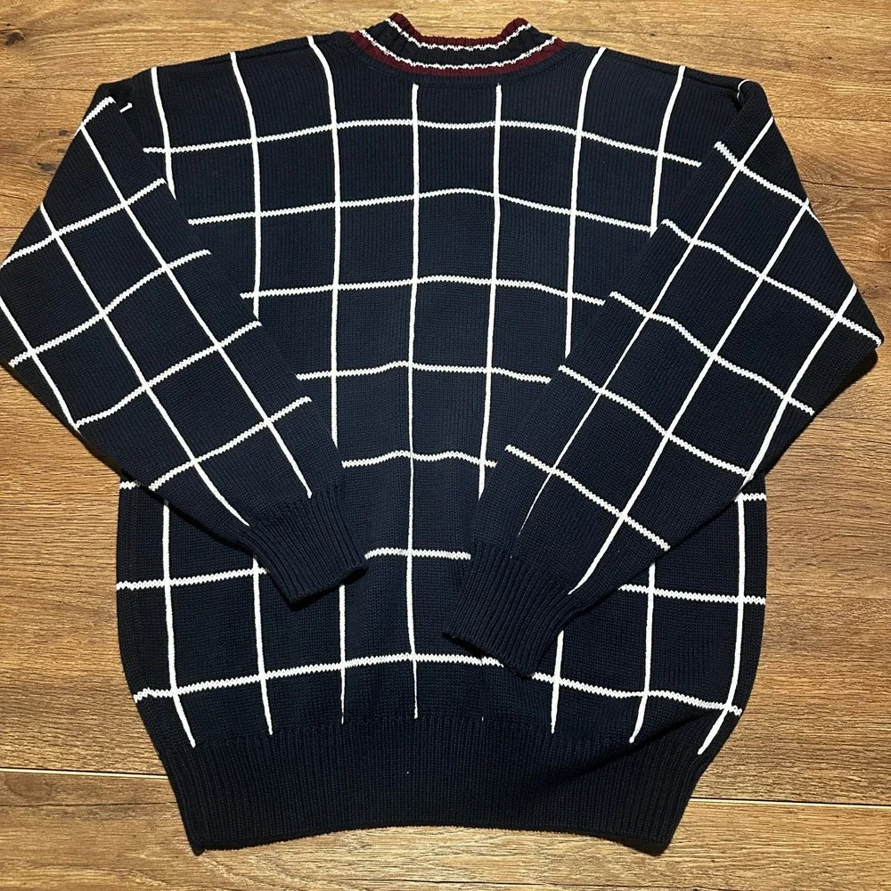 Vintage John Ashford Navy Blue Grid Golf V-Neck Sweater Mens Large